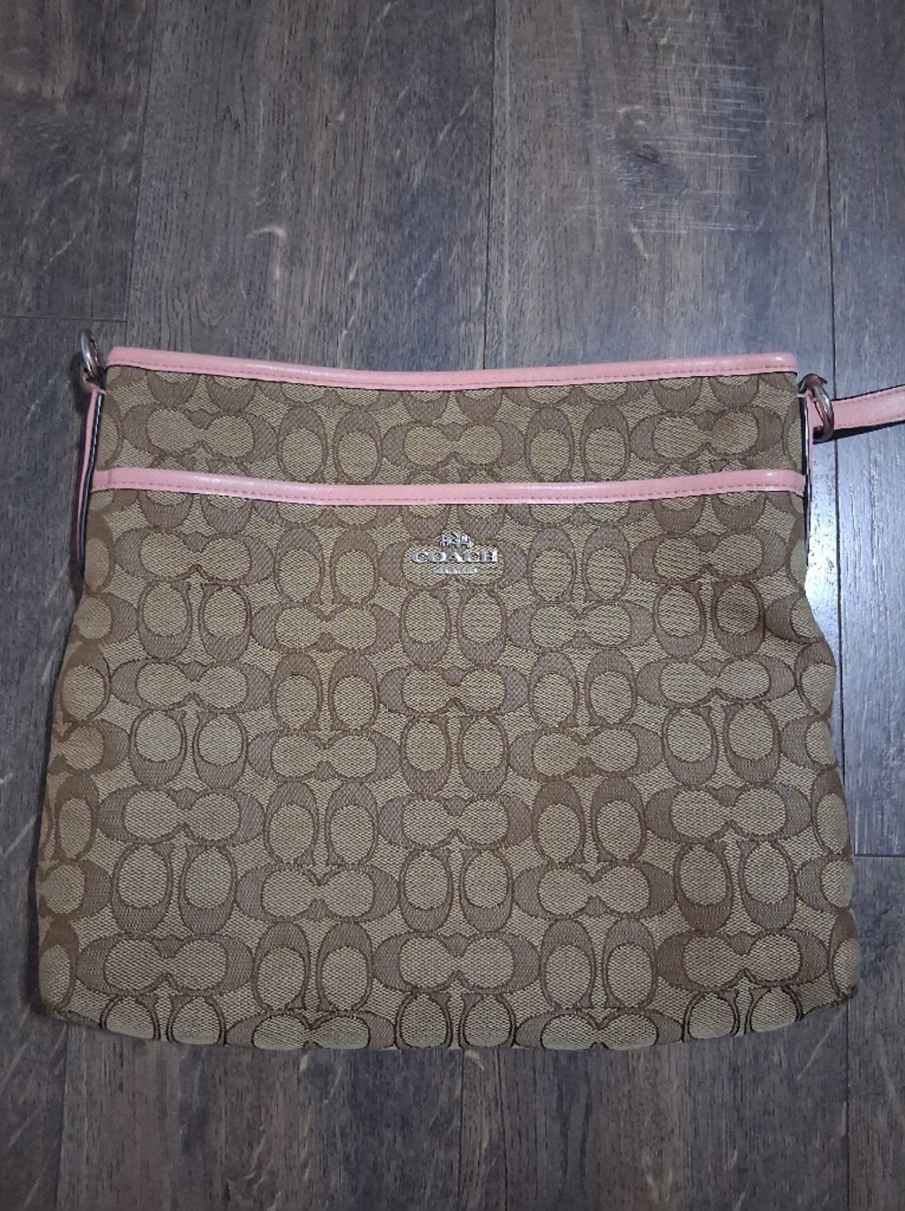 Coach Tan Signature Canvas Crossbody Shoulder Bag with Pink Trim Purse